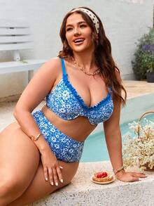Swim Mod Plus-Size Ditsy Floral Underwire Push-Up Bikini Set (European And American Styles) - Blue - View 3