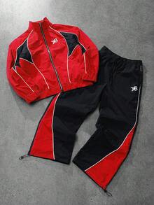 PAVTROS 2pcs Men's Vintage Style Tracksuit Set, Stand Collar Jacket And Pants, Blue & Black Color Block, Unique Bright Design, Suitable For Sports, Outdoor, Back To School, Casual Wear, Holiday Gift Men's Jogging Set Workout Sets Men Men's Track Suit Tracksuits Gym Clothes Men Set,Streetwear,Friends,Matching,Baggy,For Men,Graphic,Japanese Style,Unisex,I Love My Girlfriend - Multicolor - View 1