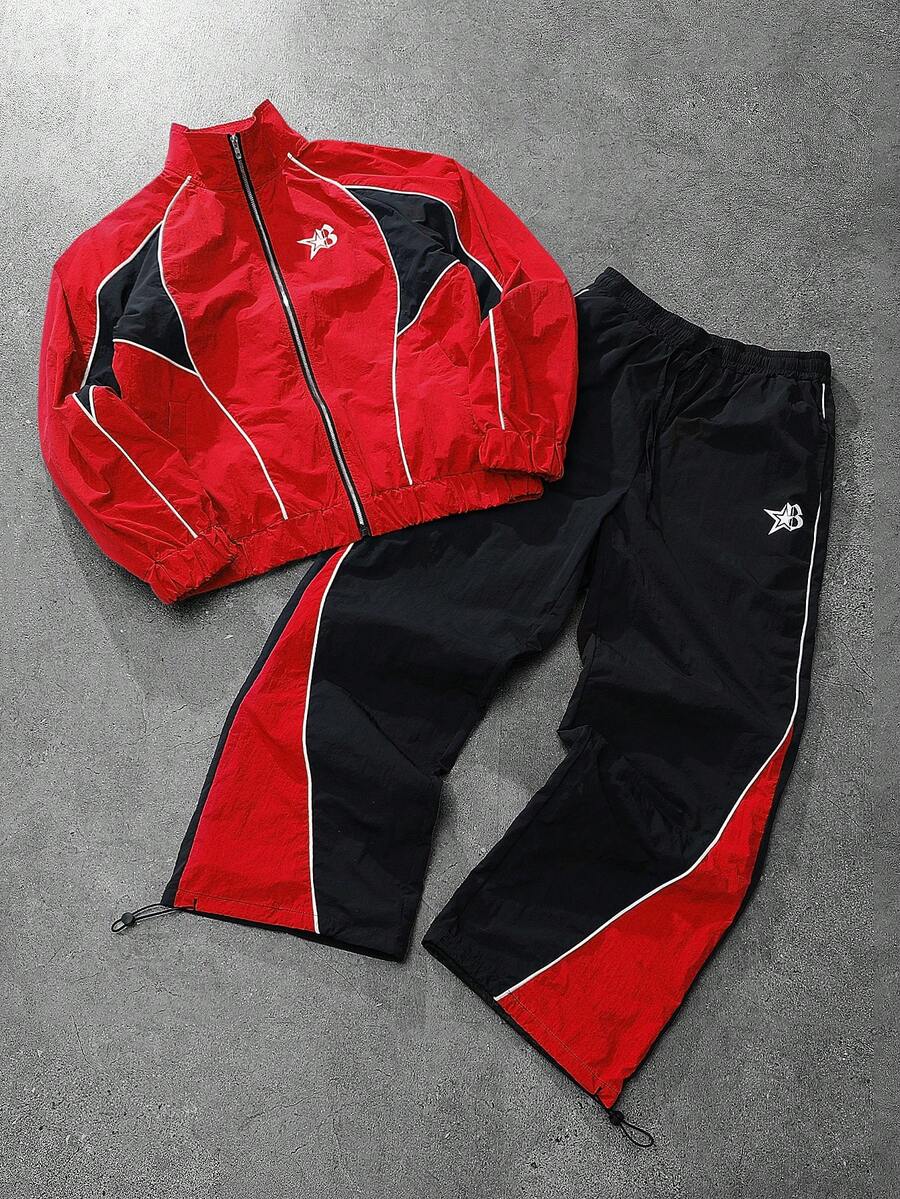 PAVTROS 2pcs Men's Vintage Style Tracksuit Set, Stand Collar Jacket And Pants, Blue & Black Color Block, Unique Bright Design, Suitable For Sports, Outdoor, Back To School, Casual Wear, Holiday Gift Men's Jogging Set Workout Sets Men Men's Track Suit Tracksuits Gym Clothes Men Set,Streetwear,Friends,Matching,Baggy,For Men,Graphic,Japanese Style,Unisex,I Love My Girlfriend - Multicolor - View 1