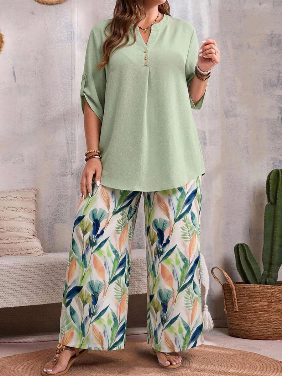 EMERY ROSE Conjunto informal de 2 piezas de manga corta con cuello en pico, holgado y versátil para el verano, talla grande - Verde - Ver 1