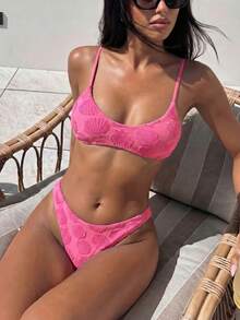 Bonvoyette Setelan Baju Renang Wanita Kasual Modis 2 Potong Motif Cangkang Ungu Musim Semi/Panas dari Kain Jacquard Rajut - Hot Pink - View 2