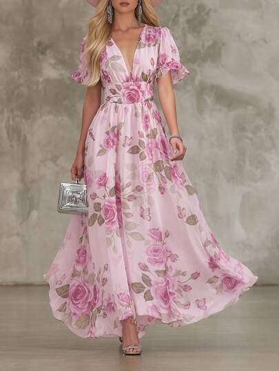 SHEIN Đầm nữ cổ chữ V sâu họa tiết hoa xếp ly phong cách thường ngày dự tiệc du lịch