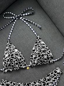 Swim Mod Women's Patterned Special Fabric Plaid Reversible Bikini Set - Black - View 5