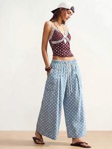 Bohemela Damen Jeans in Großen Größen mit Polka-Dot-Muster, Kordelzug an der Taille, Taschen und weitem Bein - Mittele Waschung - Übersicht 6