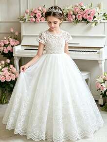 Vestido de fiesta de cuello redondo con volantes y estampado floral para niña preadolescente - Blanco - Ver 8