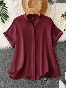 SHEIN Clasi 大尺碼夏季休閒純色蝙蝠袖襯衫 - 酒紅色 - 查看 1