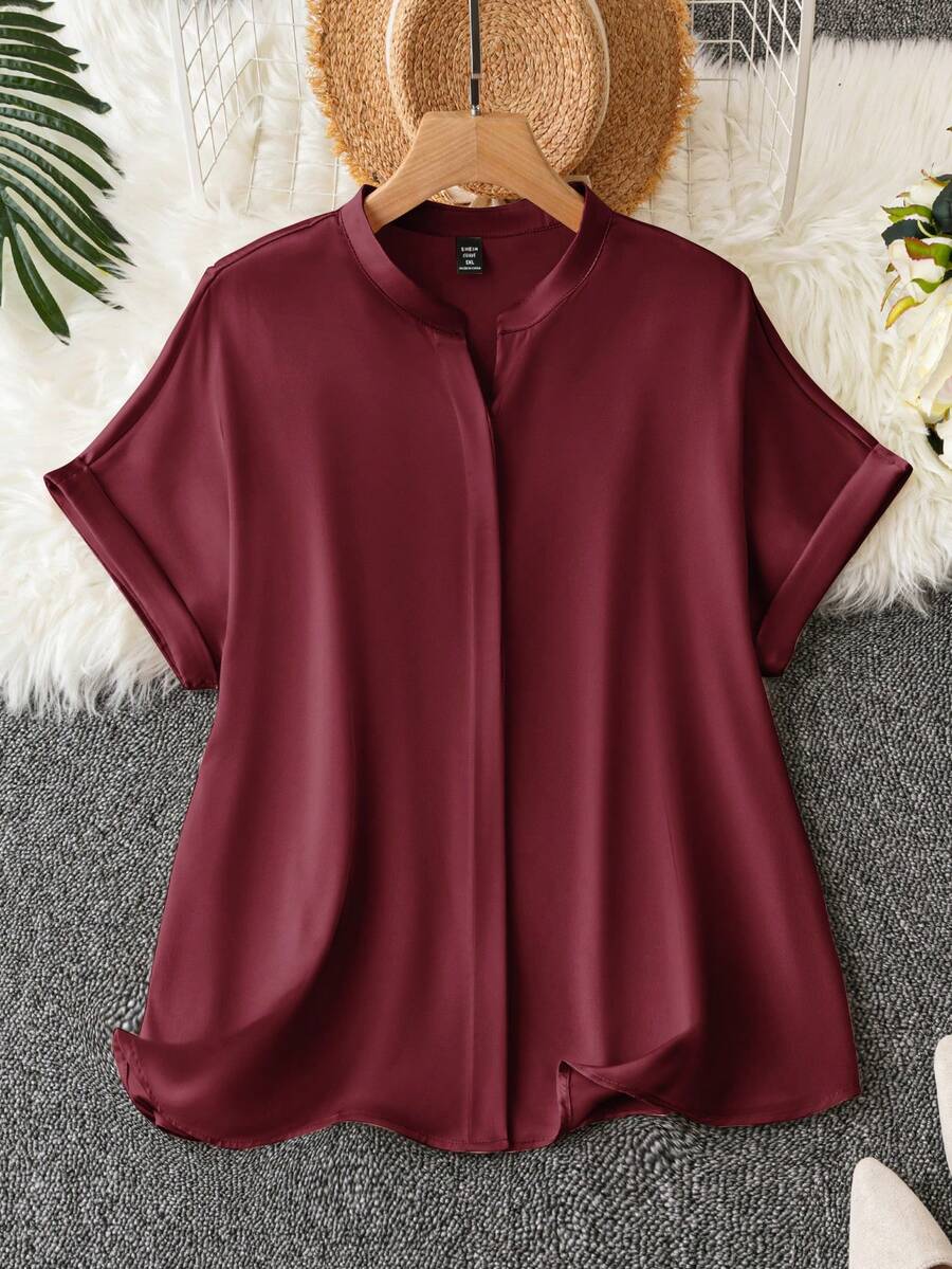 SHEIN Clasi 大尺碼夏季休閒純色蝙蝠袖襯衫 - 酒紅色 - 查看 1