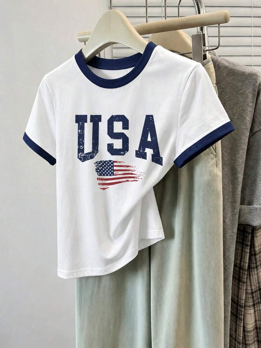 女童短款T恤,复古做旧美国国旗印花,休闲圆领短袖上衣,适合青少年和女孩日常穿着,舒适百搭。 - 彩色 - 查看 1