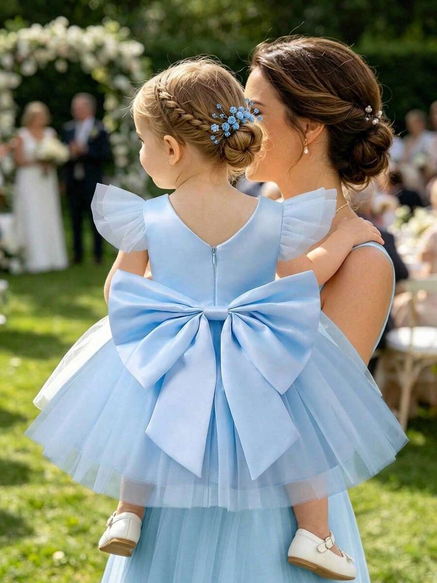 SHEIN Glamorique Kids 婚禮花童舞裙,女嬰公主裙,藍色緞面搭配褶皺袖設計展現可愛造型,背面飾有幸運V型可拆卸緞面蝴蝶結,適合生日、舞會、婚禮、節慶、正式場合、鋼琴演奏會、主持活動、派對或特殊場合,亦可日常穿著 - 藍色 - 查看 1