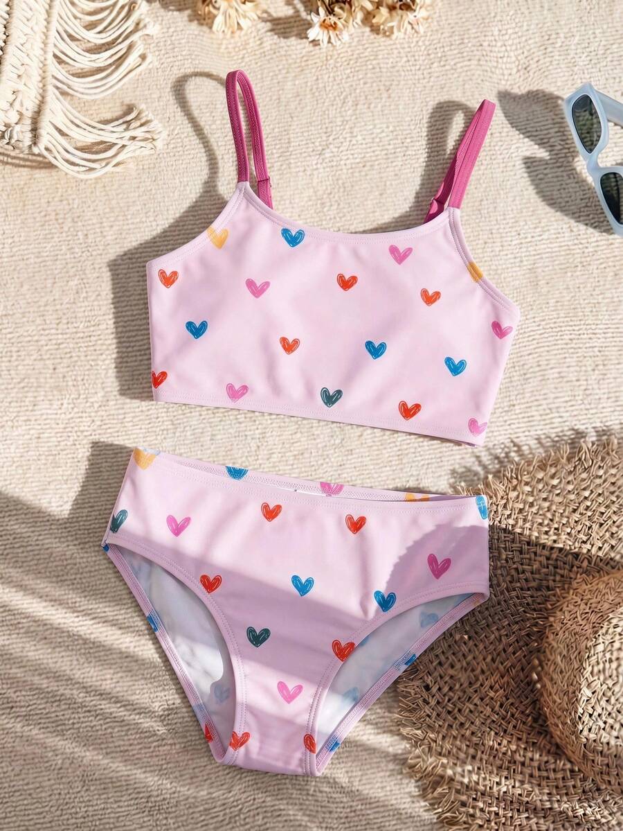 SHEIN Tween Girls 可爱彩色手绘心形印花，粉色休闲简约吊带背心和三角裤泳装套装，适合夏季