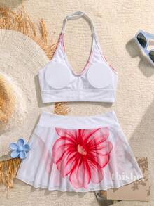 SHEIN 少女花卉印花掛脖式泳衣套裝，適合海灘度假 - 彩色 - 查看 2