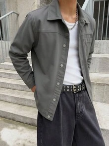 GENIUS ODE Men's Spring/Summer Single-Breasted Lapel Casual Versatile Daily Wear Long Sleeve Denim Jacket - Grey - View 5