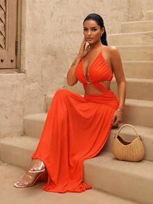 Sirith Solid Color Pleated Circular Ring Decor Hollow Sexy Sleeveless Orange Dress - Orange - View 6