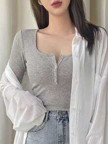 DAZY 女款純色鈕扣半開襟方領短袖T恤 夏季 - 灰色 - 查看 3