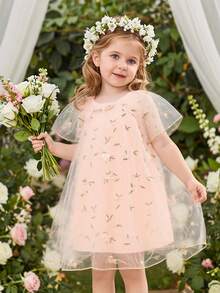SHEIN Glamorique Kids 女嬰公主洋裝，粉色刺繡洋裝，薄紗刺繡洋裝，粉色，可愛，生日派對，婚禮度假禮服，舞會禮服，畢業禮服，夏季洋裝 - 粉色 - 查看 9
