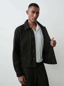 MENRIVO Manfinity 男士休闲酷炫成熟休闲风灰色羊毛翻领纽扣夹克，男士大衣 - 常规版型，适合万圣节、圣诞节、日常出行和商务休闲会议，INS 男士外套，周年纪念日送给男友/丈夫的完美礼物。黑色大衣 - 黑色 - 查看 3