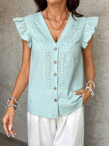 Breezaya Women's Spring/Summer New Casual Vacation Lace Trim Ruffle Sleeve Blouse - Mint Green - View 3