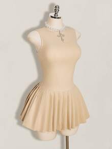 SHEIN ICON 女款素色百褶休閒約會外出迷你洋裝 - 卡其色 - 查看 6