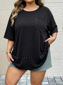 SHEIN CURVE+ 女款黑色針織大尺碼T恤 夏季外出休閒款 柔軟修身 2026年秋冬 22W - 黑色 - 查看 5