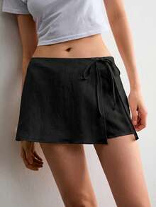 ATUI Studio Women's Solid Color Side Waist Tie Casual Skort Shorts Vacation Plain Black Summer - Black - View 4