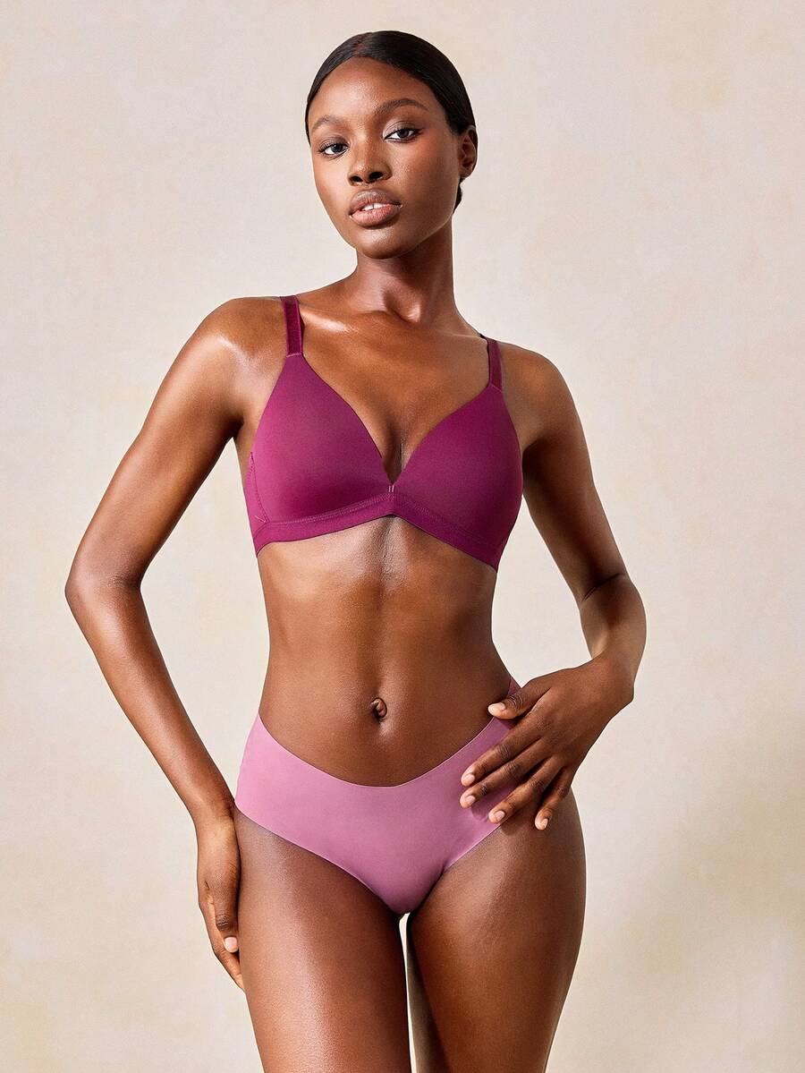 Veilyse 1pc V-Shaped Women Comfortable Wireless Soft Cup Solid Color Bra - Burgundy - View 1