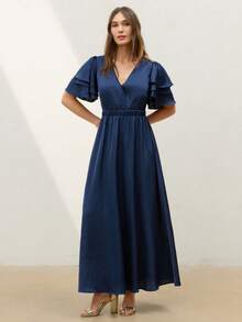 CielaLinda Women's Ruffle Short Sleeve V-Neck Maxi Dress For Summer Vacation, Wedding Guest Dress, Holiday Dress, Blue Dress, Maxi Dress, Prom Dress, Party Dress - Navy Blue - View 4