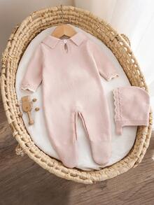 SHEIN Vintaside Kids 新生兒嬰兒針織長袖套頭領毛衣連身衣，附足套連身衣，秋/冬季，杏色淺色，百搭日常穿著，麻花繩編織設計，時尚時尚，對比粉色蝴蝶結設計，優雅大方，可愛，適合日常居家穿著 - 淺粉色 - 查看 2