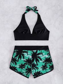 SHEIN Swim 女款短版蝴蝶結掛脖上衣與熱帶植物印花短褲兩件式泳衣套裝，隨機印花 - 綠色 - 查看 6