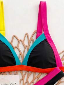 Swim Lushoire Summer Beach Binding Trim Triangle Bikini - Black - View 6