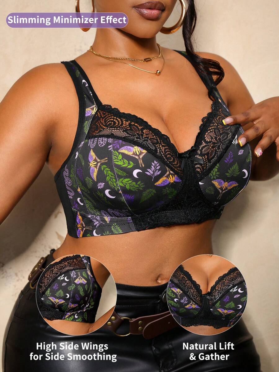 Bare Chapter 1pc Lace Patchwork Animal Print Plus Size Thin Lined Bra - Black - View 1