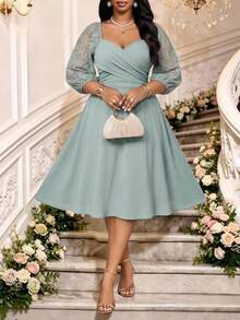 Fleurora Salbeigrün, Sommer, Elegant, Hochzeitsgast Große Größen Kleid für Frauen, Kontrastspitze Herz-Ausschnitt Laternen 3/4 Ärmel Midi Ausgestellt Büro Arbeitskleid - Kadettenblau - Übersicht 6