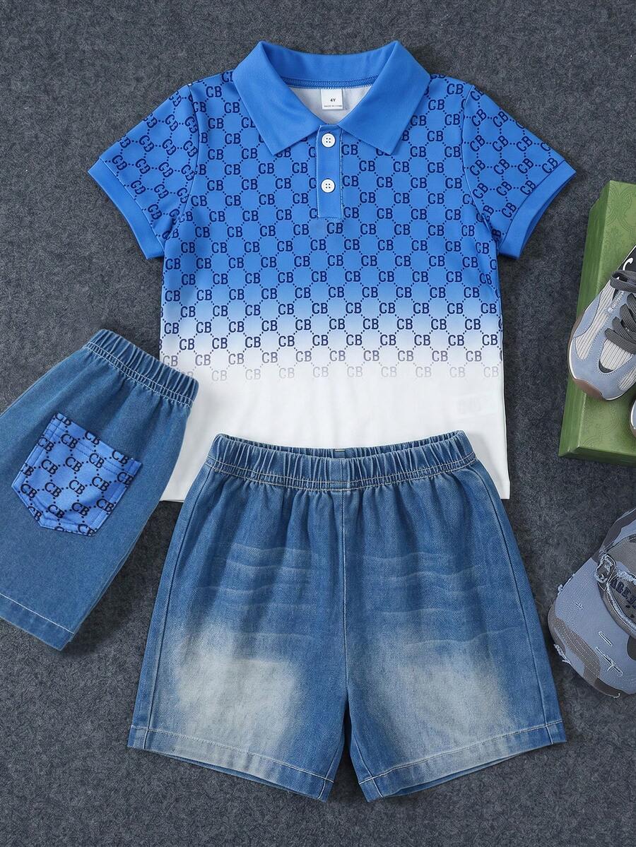 SHEIN 2件組小男孩春夏寬鬆休閒設計 Polo 漸層印花短袖上衣與丹寧水洗對比色口袋設計短褲套裝,適合日常通勤、休閒、度假、上學、街頭風格 - 藍色 - 查看 1