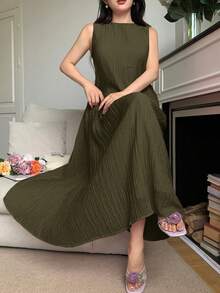Feyla Asymmetrical Loose Fit Comfortable Vacation Versatile Sleeveless Summer Dress - Army Green - View 2