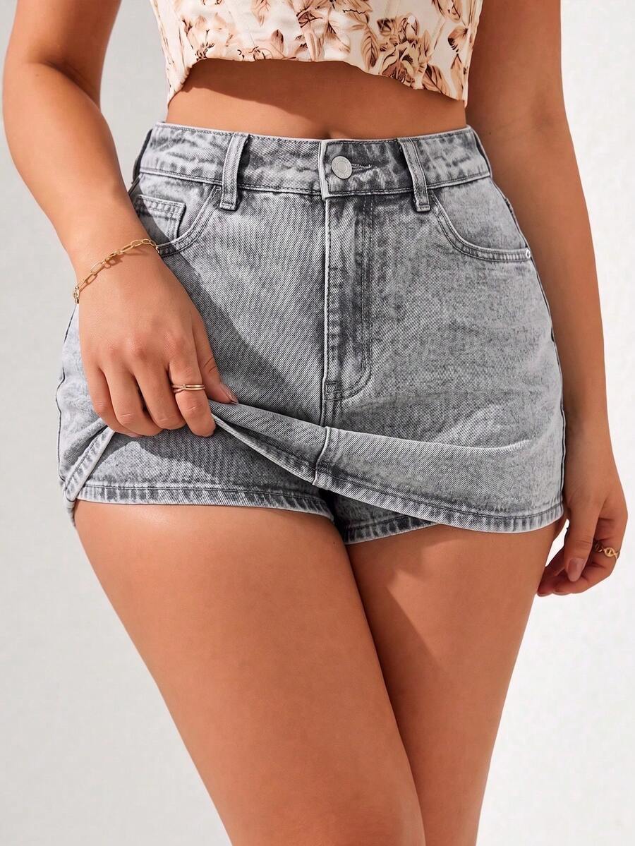 SHEIN Holidaya Summer Casual Washed Denim Shorts - Light Grey - View 1