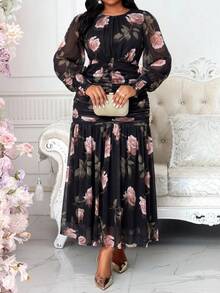SHEIN Lady CURVE 大尺碼優雅通勤花卉印花洋裝 - 彩色 - 查看 5