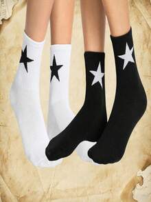 ROMWE Goth 2pairs Men Star Print Crew Socks - Two color black and white - View 2