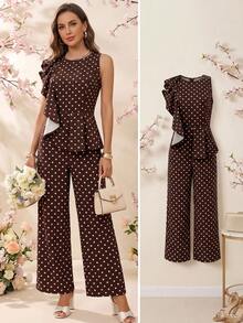 Ellevyn Brown Polka Dot Vintage Polka Dot Print Ruffle Hem Jumpsuit - Mocha Brown - View 3