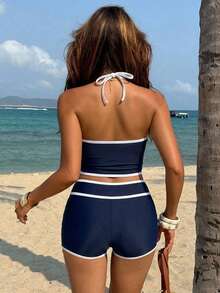 Livesso Women's Summer Beach Colorblock Halter Neck Tie Tankini And Shorts Two-Piece Swimwear Set Navy And White Coastal Active - Navy Blue - View 2