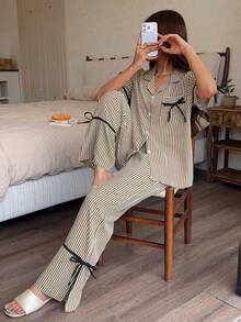 Dream Adore Artistic Retro Striped Lace-Up Loungewear Set, Classic Lapel Short Sleeve Long Pants Set - Multicolor - View 3