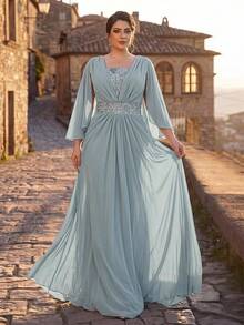 Serin Plus Size Elegant Luxurious Romantic Blue Sequin Patchwork Sequins Rhinestone Flutter Sleeve Chiffon Ruched A-Line Wedding Event Bachelorette Party Vacation Prom Evening Gown (Intricate Design) - Baby Blue - View 7