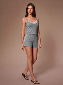 Lazeform Ribbed Lace Trim Camisole And Shorts Set Women's Loungewear - Grey - View 3
