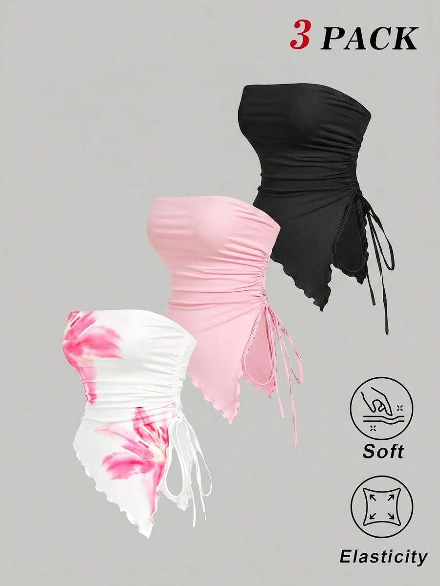 SHEIN MOD 3件組不對稱花卉抹胸套裝，春夏款 - 彩色 - 查看 1