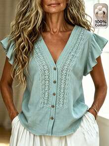 Breezaya Women's Spring/Summer New Casual Vacation Lace Trim Ruffle Sleeve Blouse - Mint Green - View 1