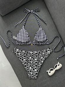 Swim Mod Women's Patterned Special Fabric Plaid Reversible Bikini Set - Black - View 2