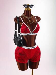Amplova Women's Sexy 2pcs Set Contrast Lace Cropped Camisole Top And Shorts Club Night Red Summer - Multicolor - View 5