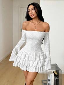 SHEIN PETITE Women's Spring/Summer Streetwear Hippie Boho Beach Outfits Vacation Outfits Spring Break Outfits Fairycore Long Sleeve Off The Shoulder White Lace Mini Ruffle Dress - White - View 5