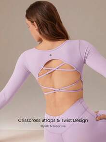 GLOWMODE Seamless Fitted Long Sleeve Crop Tee With Lace-Up Back Light Support Low Impact Yoga Pilates Daily Gym - Purple - View 4