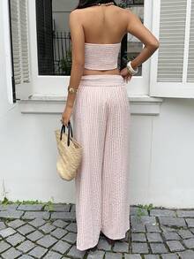 Sunnyshic Damen kariertes gerafftes Bandeau-Top und Hose Lässig Alltag Set - Pink - Übersicht 2