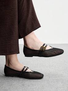 CUCCOO BIZCHIC Black Mesh Hollowed-Out Mary Jane Flats For Women, Double-Buckle Retro Square Toe Shoes - Black - View 3