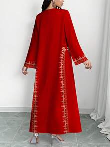 Al Najma 女款阿拉伯風情仿珍珠印花紅色洋裝，時尚V領長袖優雅阿拉伯風長版洋裝，春夏優雅長版洋裝 - 彩色 - 查看 2